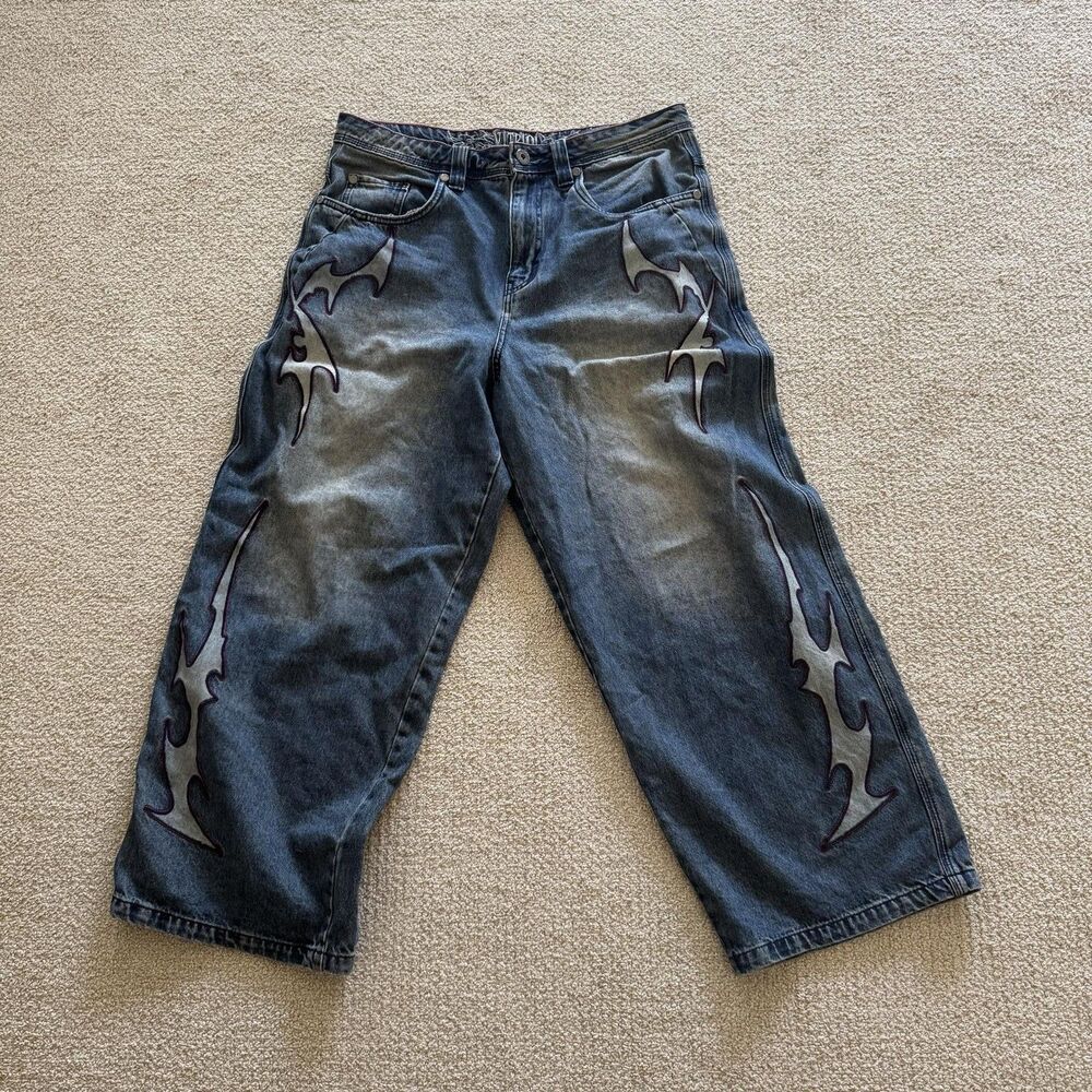 Vitriol Jeans Mens 32x28 Blue Stone Wash Wide Leg Flame Embroidered Denim
